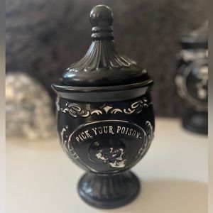 NWT Ceramic Apothecary Jar Embossed Ornate Skull Design “Pick Your Poison” 9.5”